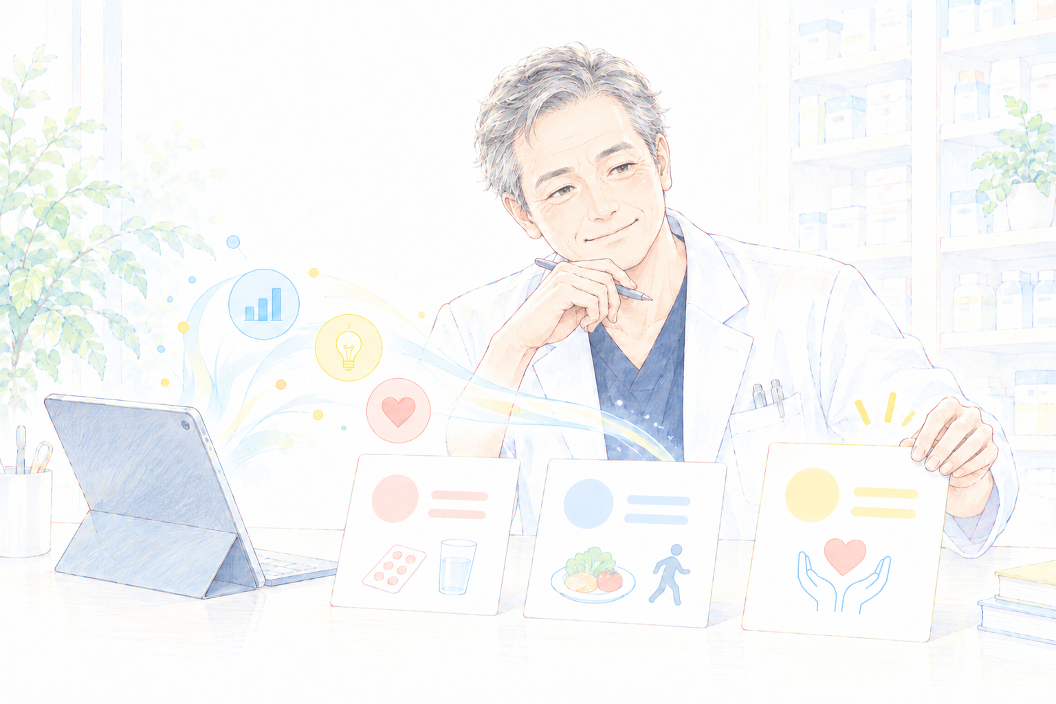 50代の男性薬剤師が、説明カードとタブレットを見比べて患者さんに伝わる言葉を選ぶイラスト。