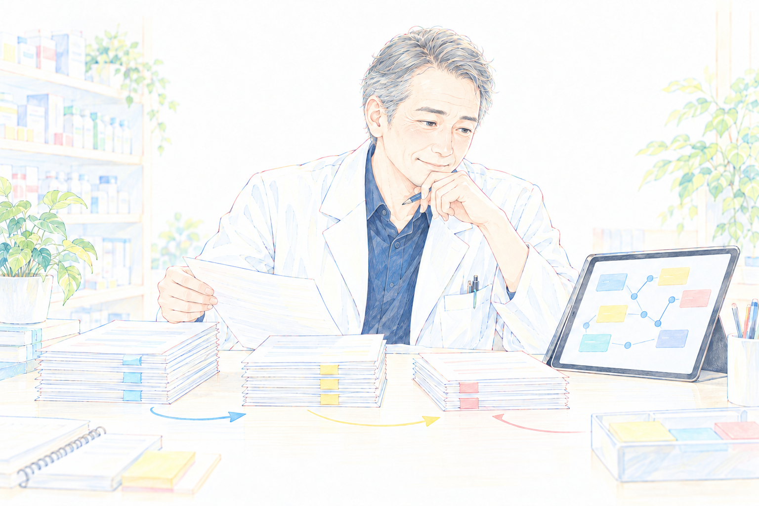 50代の男性薬剤師が、AIへ任せる作業と自分が向き合う作業を整理するイラスト。