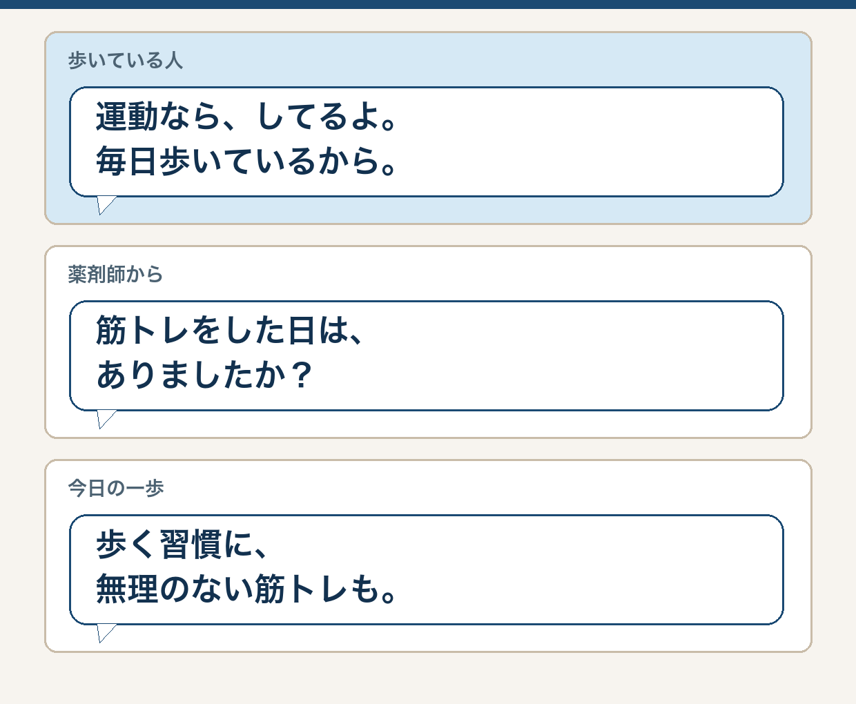 3コマの会話。毎日歩いている人へ、筋トレをした日にも目を向けることを提案する。